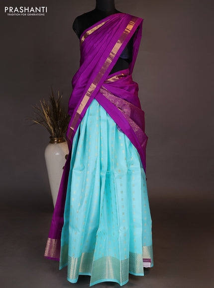 Pure kanchipuram silk lehenga dhawani light blue and purple with allover zari woven buttas and rich zari woven border