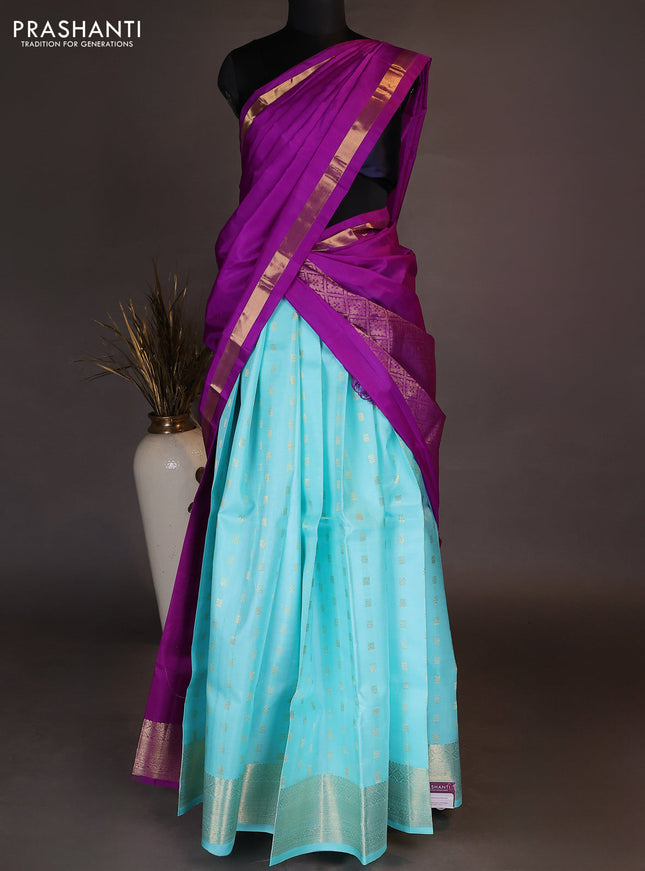 Pure kanchipuram silk lehenga dhawani light blue and purple with allover zari woven buttas and rich zari woven border