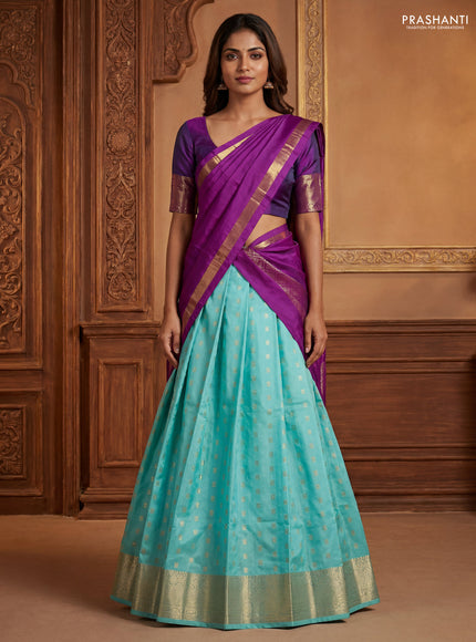 Pure kanchipuram silk lehenga dhawani light blue and purple with allover zari woven buttas and rich zari woven border