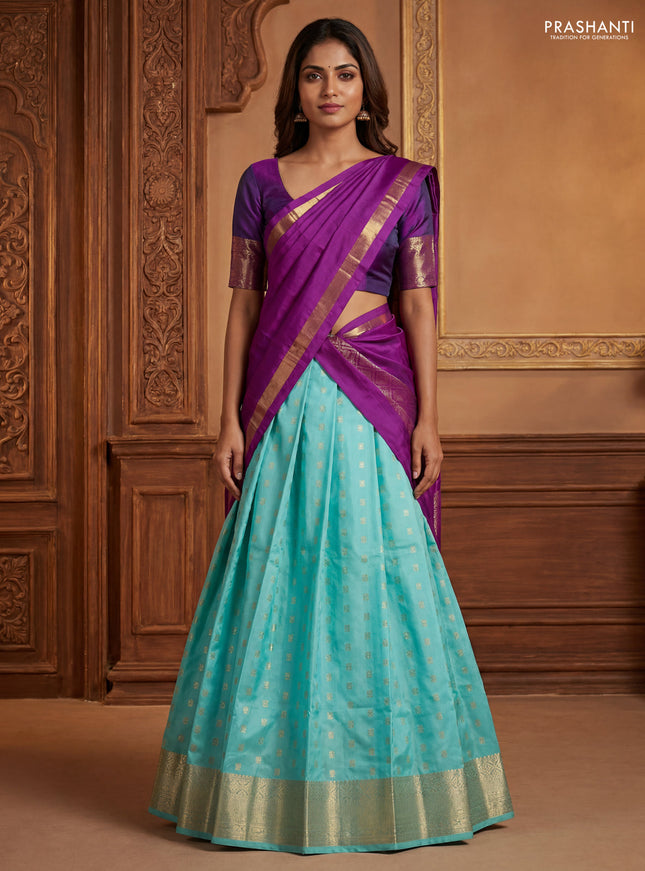 Pure kanchipuram silk lehenga dhawani light blue and purple with allover zari woven buttas and rich zari woven border
