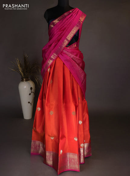 Pure kanchipuram silk lehenga dhawani orange and pink with zari woven buttas and rich zari woven border