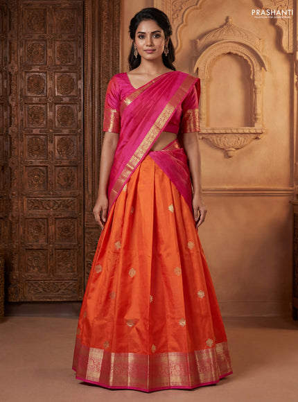 Pure kanchipuram silk lehenga dhawani orange and pink with zari woven buttas and rich zari woven border