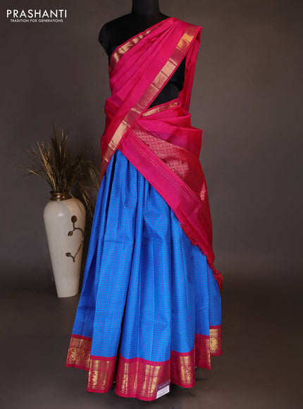 Pure kanchipuram silk lehenga dhawani cs blue and pink with allover checked pattern and rich zari woven border