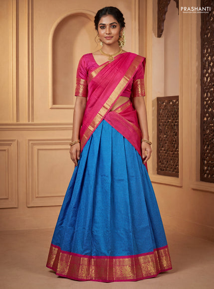 Pure kanchipuram silk lehenga dhawani cs blue and pink with allover checked pattern and rich zari woven border