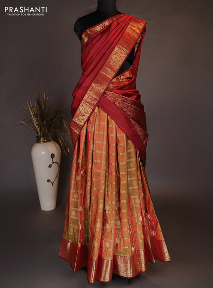 Pure kanchipuram silk lehenga dhawani dual shade of greenish maroon and maroon with allover zari checks & buttas and rich zari woven border