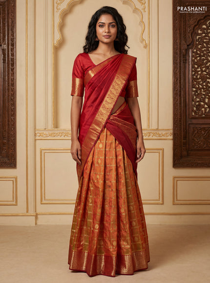 Pure kanchipuram silk lehenga dhawani dual shade of greenish maroon and maroon with allover zari checks & buttas and rich zari woven border