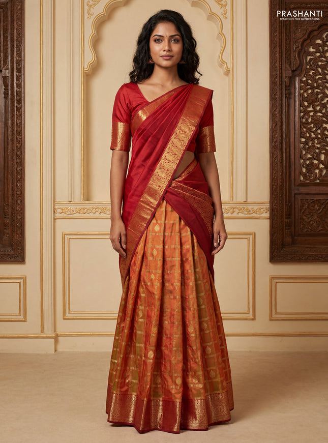 Pure kanchipuram silk lehenga dhawani dual shade of greenish maroon and maroon with allover zari checks & buttas and rich zari woven border