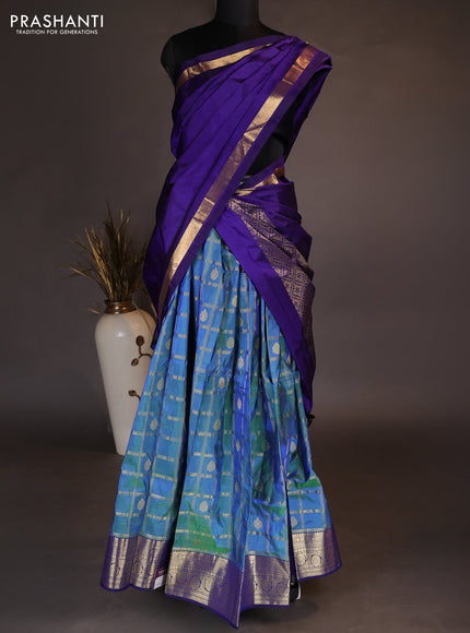 Pure kanchipuram silk lehenga dhawani dual shade of bluid=sh green and blue with allover zari checks & buttas and rich zari woven border