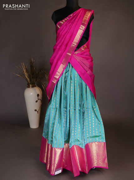 Pure kanchipuram silk lehenga dhawani teal blue and pink with allover zari woven butta weaves and long rich zari woven border