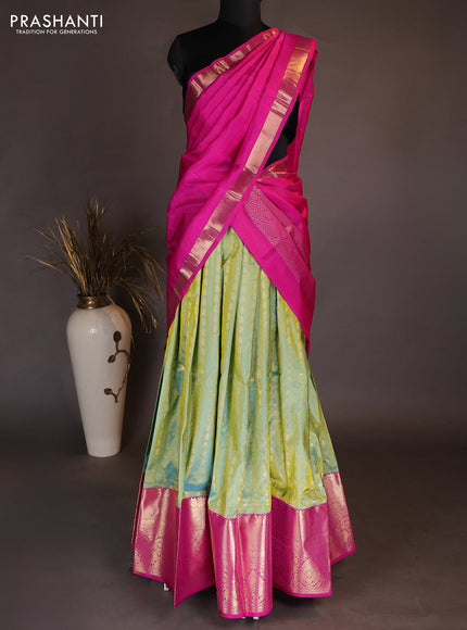 Pure kanchipuram silk lehenga dhawani dual shade of light greenis blue and pink with allover zari woven butta weaves and long rich zari woven border
