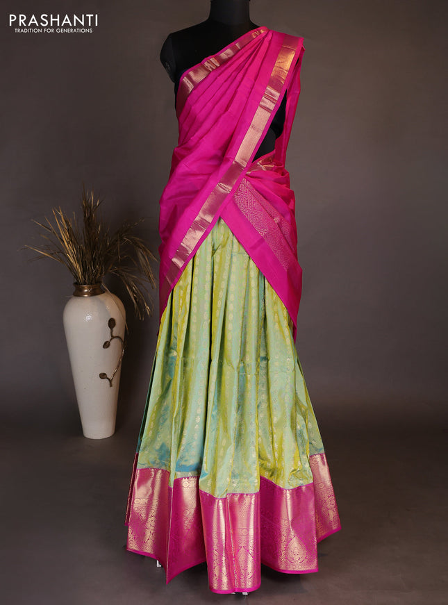 Pure kanchipuram silk lehenga dhawani dual shade of light greenis blue and pink with allover zari woven butta weaves and long rich zari woven border