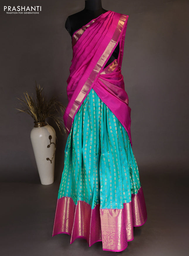 Pure kanchipuram silk lehenga dhawani teal blue and pink with allover zari woven butta weaves and long rich zari woven border