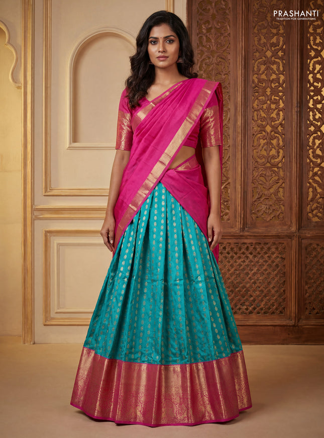 Pure kanchipuram silk lehenga dhawani teal blue and pink with allover zari woven butta weaves and long rich zari woven border