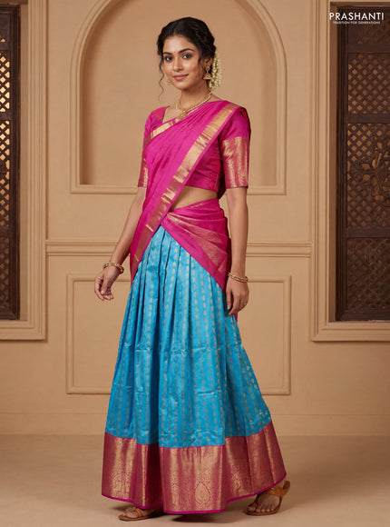 Pure kanchipuram silk lehenga dhawani light blue and pink with allover zari woven butta weaves and long rich zari woven border
