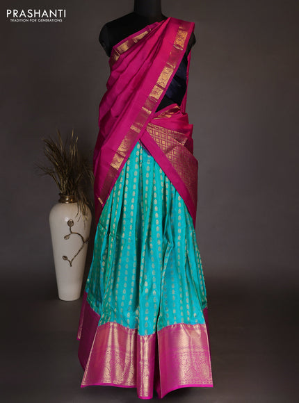 Pure kanchipuram silk lehenga dhawani teal blue and pink with allover zari woven butta weaves and long rich zari woven border