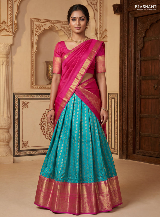 Pure kanchipuram silk lehenga dhawani teal blue and pink with allover zari woven butta weaves and long rich zari woven border