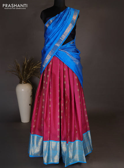 Pure kanchipuram silk lehenga dhawani pink and cs blue with allover small zari checks & buttas and long rich zari woven border