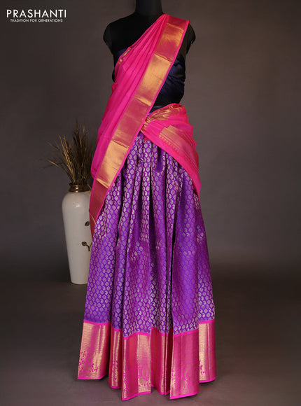 Pure kanchipuram silk lehenga dhawani purple and pink with allover small zari checks & buttas and long rich zari woven border