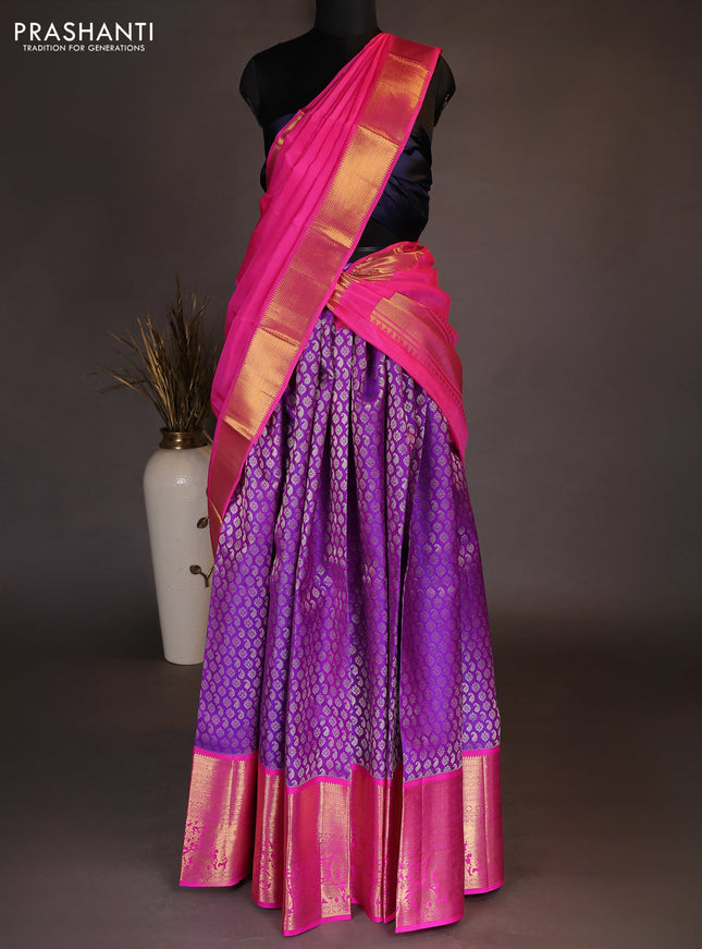 Pure kanchipuram silk lehenga dhawani purple and pink with allover small zari checks & buttas and long rich zari woven border