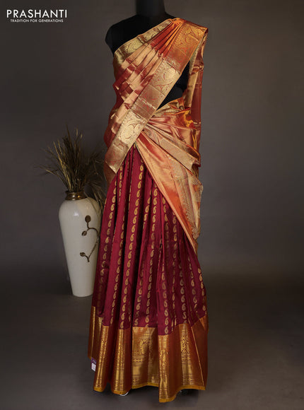 Pure kanchipuram silk lehenga dhawani maroon and dark mustard with allover zari woven paisley butta weaves and long rich zari woven border