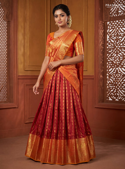 Pure kanchipuram silk lehenga dhawani maroon and dark mustard with allover zari woven paisley butta weaves and long rich zari woven border