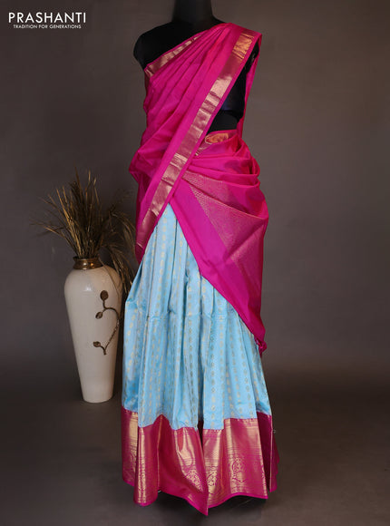 Pure kanchipuram silk lehenga dhawani light blue and pink with allover zari woven butta weaves and long rich zari woven border