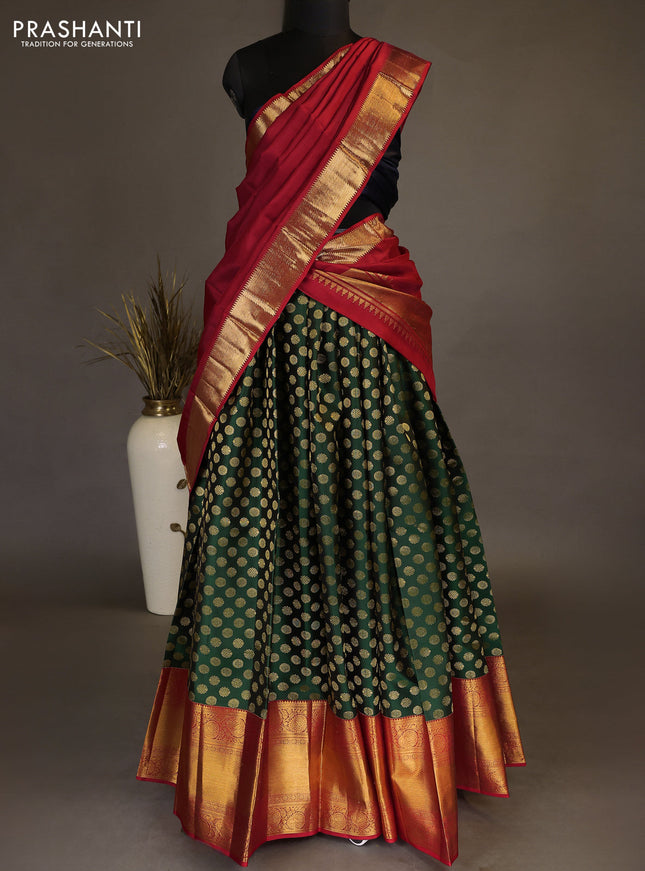 Pure kanchipuram silk lehenga dhawani green and red with allover zari woven buttas and long rich zari woven border