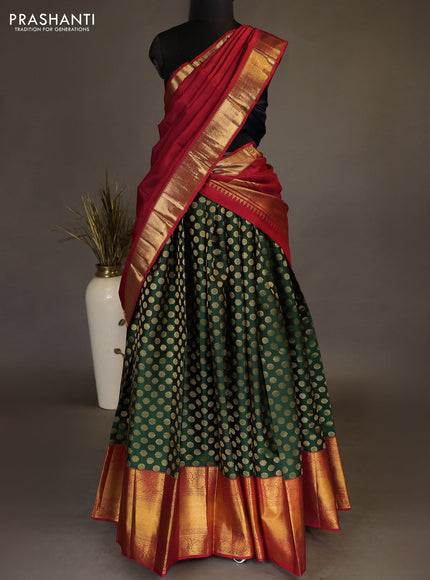Pure kanchipuram silk lehenga dhawani green and red with allover zari woven buttas and long rich zari woven border