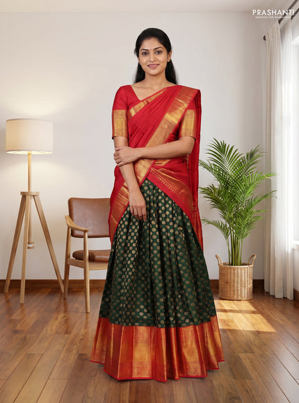 Pure kanchipuram silk lehenga dhawani green and red with allover zari woven buttas and long rich zari woven border
