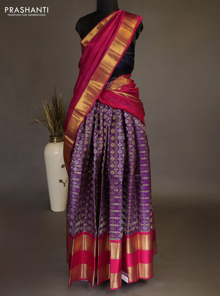 Pure kanchipuram silk lehenga dhawani violet and pink with allover small zari checks & buttas and long rich zari woven border