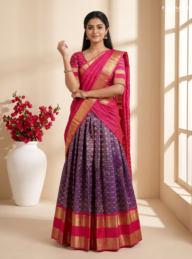 Pure kanchipuram silk lehenga dhawani violet and pink with allover small zari checks & buttas and long rich zari woven border