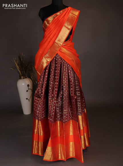Pure kanchipuram silk lehenga dhawani maroon and orange with allover small zari checks & buttas and long rich zari woven border