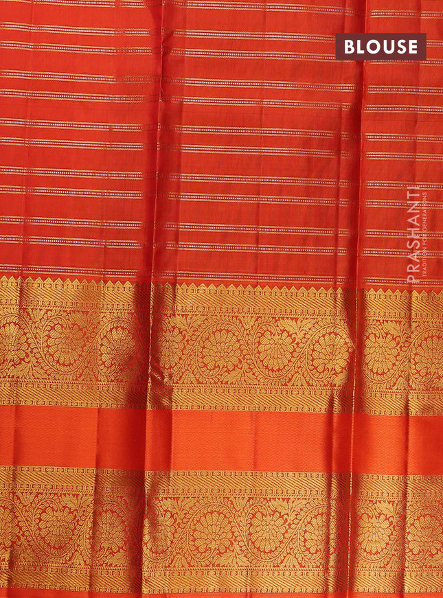 Pure kanchipuram silk lehenga dhawani maroon and orange with allover small zari checks & buttas and long rich zari woven border