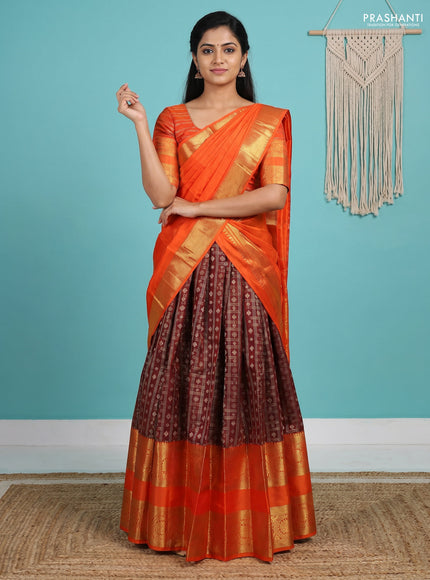 Pure kanchipuram silk lehenga dhawani maroon and orange with allover small zari checks & buttas and long rich zari woven border