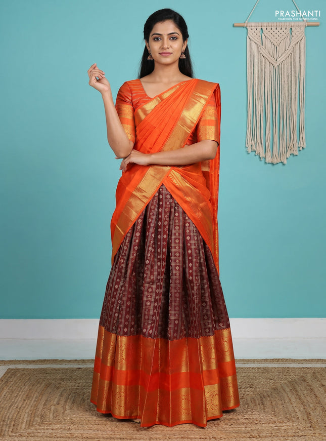 Pure kanchipuram silk lehenga dhawani maroon and orange with allover small zari checks & buttas and long rich zari woven border