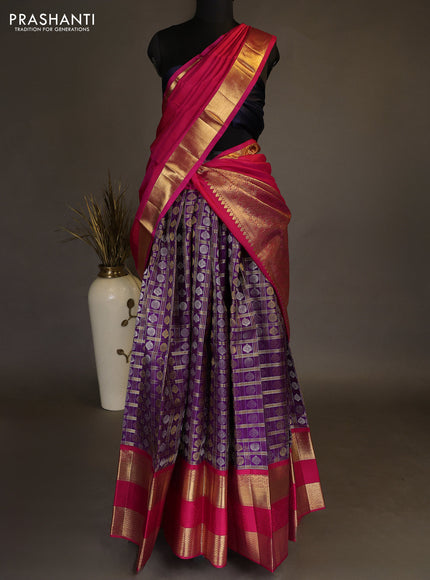 Pure kanchipuram silk lehenga dhawani violet and pink with allover small zari checks & buttas and long rich zari woven border