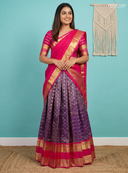 Pure kanchipuram silk lehenga dhawani violet and pink with allover small zari checks & buttas and long rich zari woven border