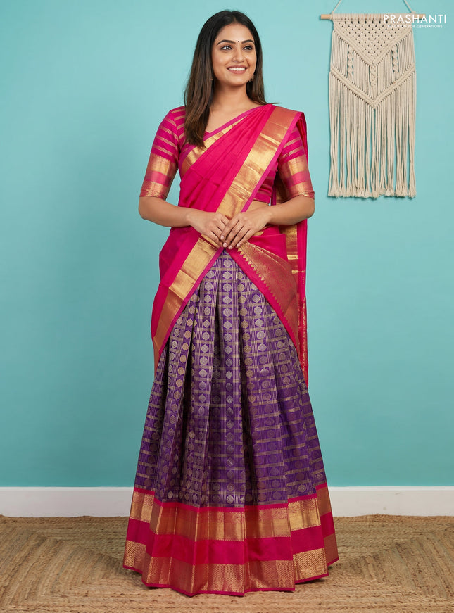 Pure kanchipuram silk lehenga dhawani violet and pink with allover small zari checks & buttas and long rich zari woven border