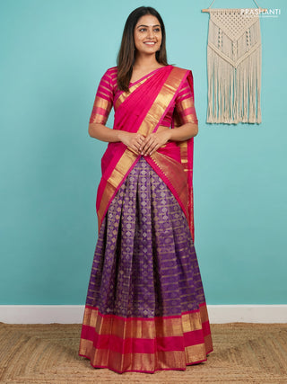 Pure kanchipuram silk lehenga dhawani violet and pink with allover small zari checks & buttas and long rich zari woven border