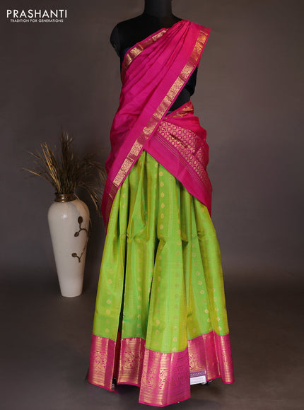 Pure kanchipuram silk lehenga dhawani parrot green and pink with allover zari weaves & buttas and long rich zari woven border