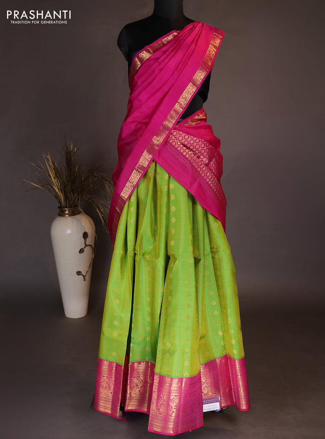 Pure kanchipuram silk lehenga dhawani parrot green and pink with allover zari weaves & buttas and long rich zari woven border