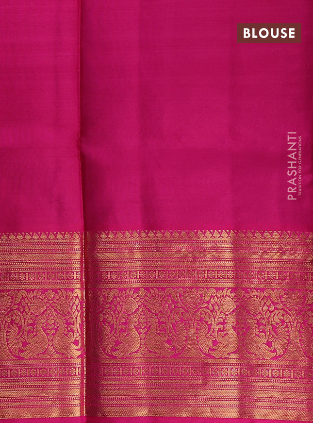 Pure kanchipuram silk lehenga dhawani parrot green and pink with allover zari weaves & buttas and long rich zari woven border