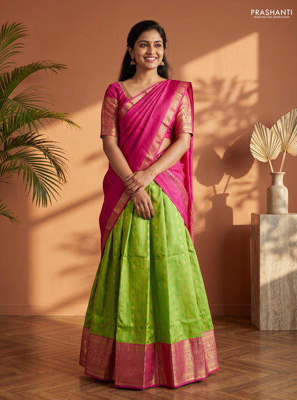 Pure kanchipuram silk lehenga dhawani parrot green and pink with allover zari weaves & buttas and long rich zari woven border