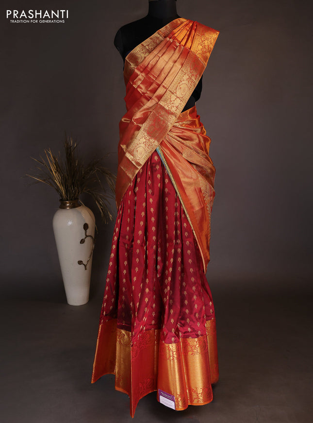 Pure kanchipuram silk lehenga dhawani maroon and sunset orange with allover zari woven butta weaves and long rich zari woven border