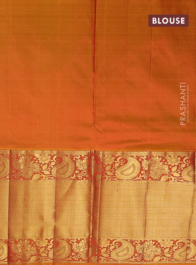 Pure kanchipuram silk lehenga dhawani maroon and sunset orange with allover zari woven butta weaves and long rich zari woven border