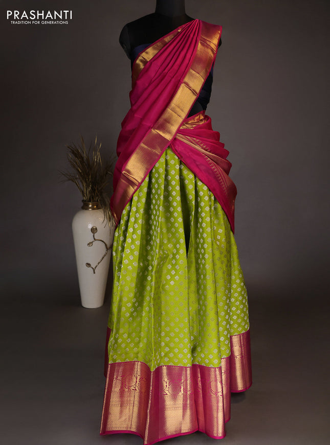 Pure kanchipuram silk lehenga dhawani light green and pink with allover zari woven floral buttas and long zari woven border