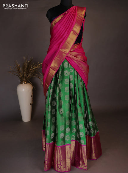 Pure kanchipuram silk lehenga dhawani green and pink with zari woven elephant buttas and long rich zari woven elephant border
