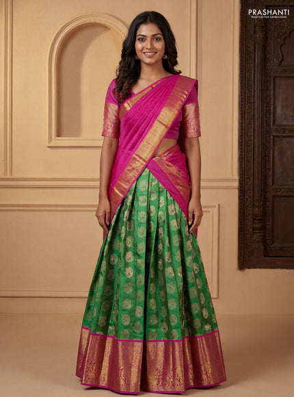 Pure kanchipuram silk lehenga dhawani green and pink with zari woven elephant buttas and long rich zari woven elephant border