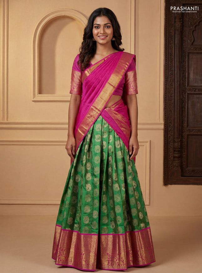 Pure kanchipuram silk lehenga dhawani green and pink with zari woven elephant buttas and long rich zari woven elephant border