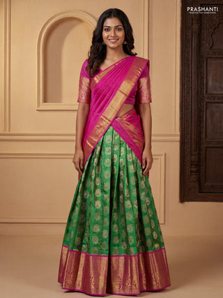 Pure kanchipuram silk lehenga dhawani green and pink with zari woven elephant buttas and long rich zari woven elephant border